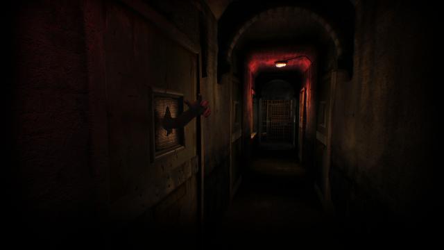 Screenshot of ASYLUM showing an arm sticking out of a broken door window in a dimly lit corridor