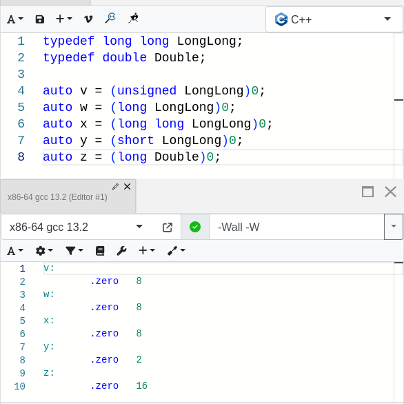 Screenshot of godbolt.org showing variants of

typedef long long LongLong;
auto x = (long long LongLong)0;

compiling successfully with GCC.