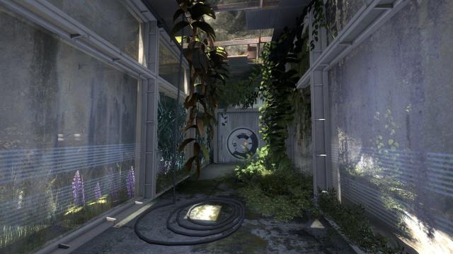 Portal: Revolution screenshot showing a run-down building with plants growing everywhere
