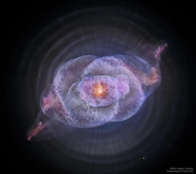 An image of the Cat's Eye Nebula shows an unsually shaped gas structure glowing in purple with a bright orange center.