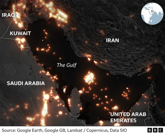 Aerial map of gas flaring across the Gulf region from oil drilling and gas capture sites in Iraq, Kuwait, Iran, Saudi Arabia, United Arab Emirates. Should be shown in schools as examples of How to Kill your Citizens for Profit. And then show maps of similar public assaults in the US.