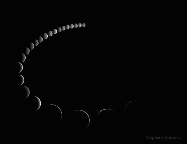 Many images of Venus are shown superposed. Together, they make an arc from the top, around the left, to the bottom. The smallest images of Venus are at the top and show nearly complete circles. The largest are at the bottom and show thin crescent. phases.