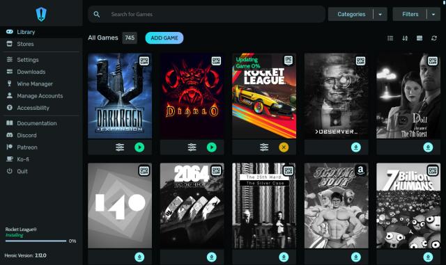 Heroic Games Launcher showing Rocket League being updated