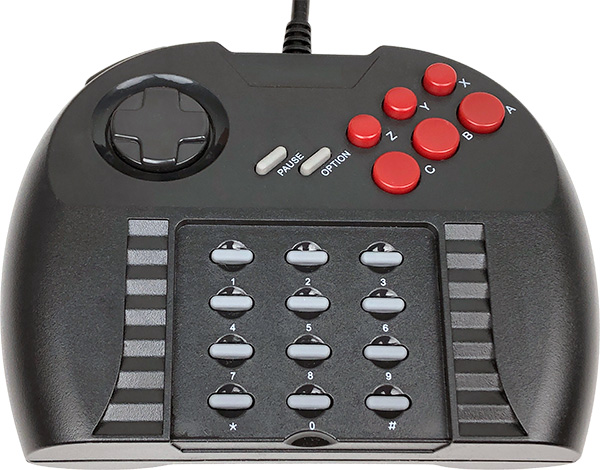 The image displays an Atari Jaguar controller, an input device for the Atari Jaguar video game console. It features a directional pad on the left side and a numeric keypad in the center with buttons from 1 to 9, 0, *, and #. On the right side, there are three action buttons labeled A, B, and C, and above these are two additional buttons, likely serving as 'Pause' and 'Option' functions. The design is characteristic of the early 1990s home console era, combining elements of both traditional gamepad controls and a telephone-style keypad, which was intended for more complex gaming interactions or for entering codes.