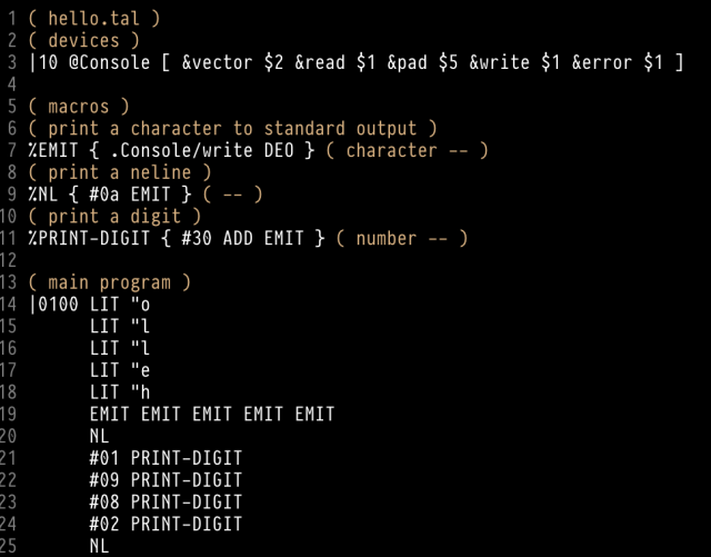 A screenshot of an emacs buffer with some uxntal code, with very limited syntax highlighting