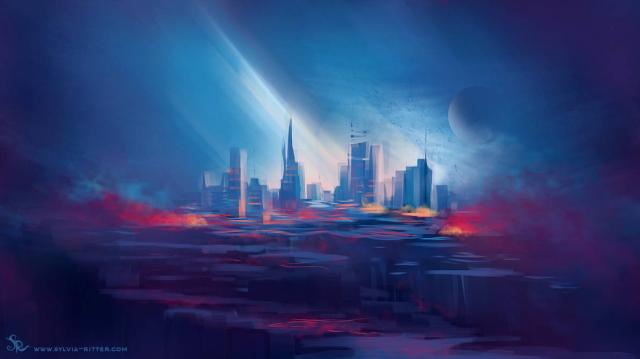 Speedpainting 07052019, a scifi city with warm and cold atmosphere. Rather dangerous cliffs lying before it and surrounded by alien planets. https://www.deviantart.com/sylviaritter/art/Speedpainting-07052019-800107560

