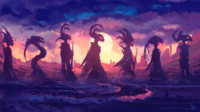 Alien creatures walking to a new place to call home or a sacred gathering? At the golden hour of an unexplored planet when the colors are rich and the moon shines bright. Fog and atmosphere surround this unusual scenery. https://www.deviantart.com/sylviaritter/art/Speedpainting-19122019-823925167