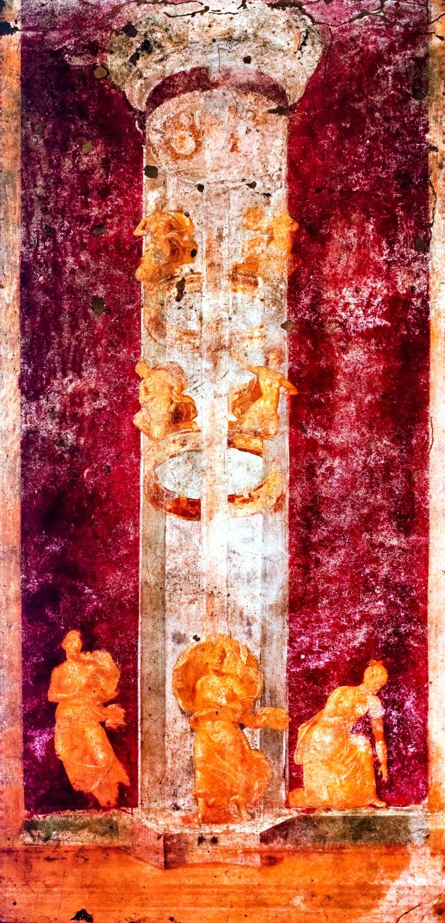 Wall painting at Pompeii depicting the death of the Niobids around the Delphic Tripod.

ArchaiOptix, CC BY-SA 4.0, via Wikimedia Commons. Color edits.