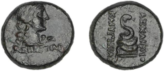 Head of Hygieia, right; to right, snake. (obverse) Snake coiled around omphalos, right. (reverse).

The Trustees of the British Museum, CC BY-NC-SA 4.0 via https://www.britishmuseum.org/collection/image/1613853239