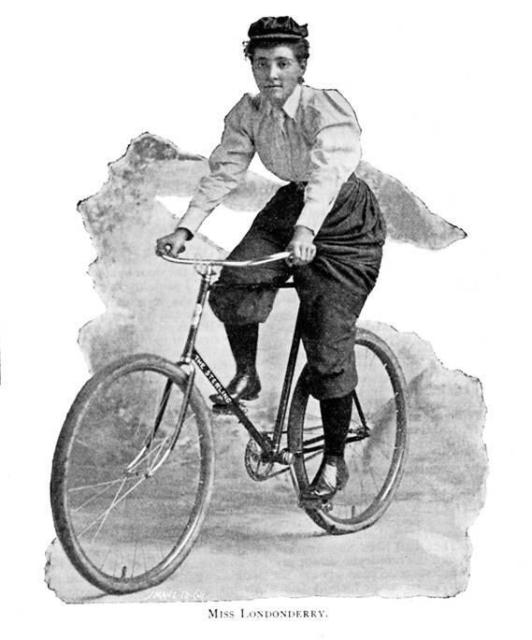 Annie Cohen Kopchovsky, known as Annie Londonderry, in the final incarnation of her bicycle riding costume. She was the first woman to ride a bicycle around the world in 1856.
Source: Annie Londonderry--the first woman to bicycle around the world, by Peter Zheutlin