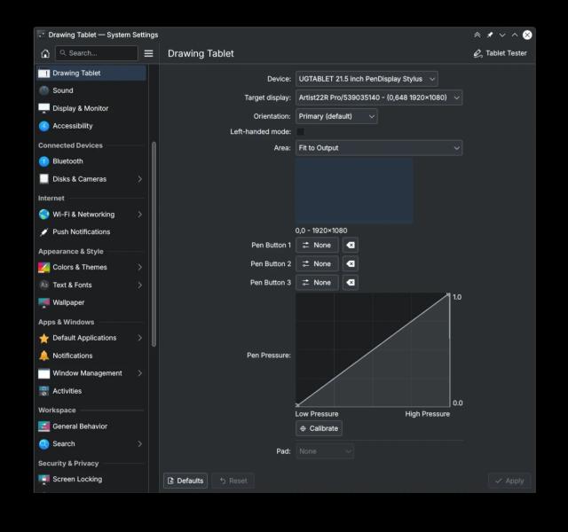 Screenshot of the KDE Plasma Tablet settings. It has the usual options such as target display and orientation. However there are three additional features: the tablet tester in the top right, the pen pressure graph and finally the pen calibration button.
