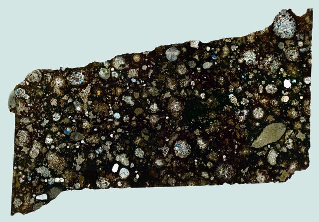 Three different images of the same meteorite fragment (NWA 2224): the surface of the fragment (XPL) and thin sections of it (two different slices and degress of XPL).