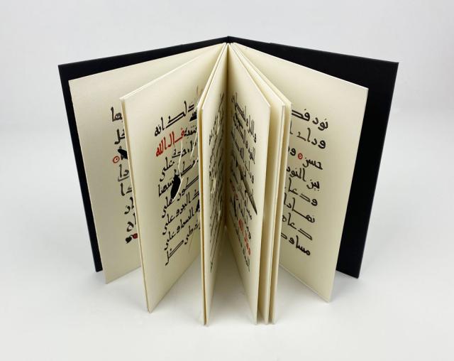 View of the same manuscript standing up, leaves fanning out