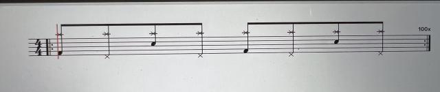A drum tab showing a constant quarter note beat on the ride, kick on one, snare on three, and hi-hat pedal on 2 and 4.

The hi-hat part is a nightmare. 