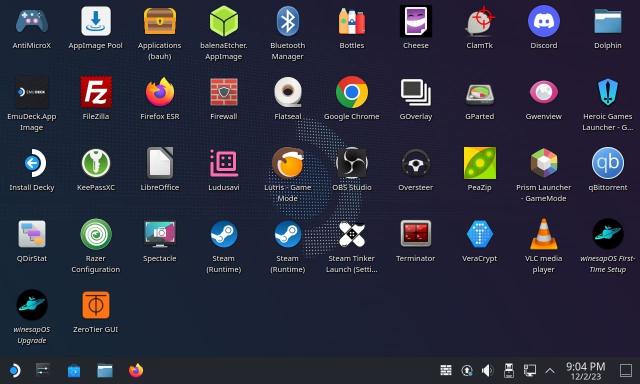 winesapOS with KDE Plasma showing lots of desktop icons