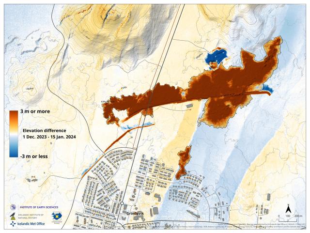 A map showing the change in elevation covering the area north of the town of Grindavík. 