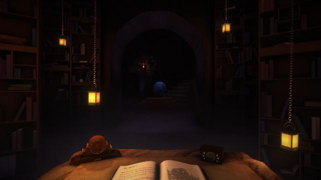 Exiled screenshot showing a dark room with a desk that has a clock and a book on it, with lamps hanging down - spooky!