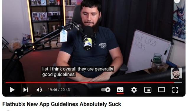 screenshot of Brodie's video, title says "Flathub's new App Guidelines Absolutely Suck" while the caption reads "I think overall they are generally good guidelines"