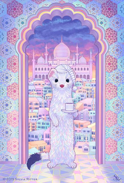 Eoan Ermine drinking coffee surrounded by oriental patterns and architecture. Wearing a nightcap. The early morning turned everything into shimmering pastel colors. Inspired by Ubuntu release 19.10. https://www.deviantart.com/sylviaritter/art/Eoan-Ermine-818489240. Also available as a signed print: https://shop.sylvia-ritter.com/products/eoan-ermine-signed-giclee-print