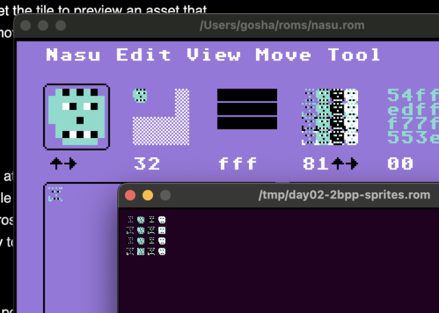 Screenshot of nasu and the rom built today, showing a lil goblin guy sprite.
