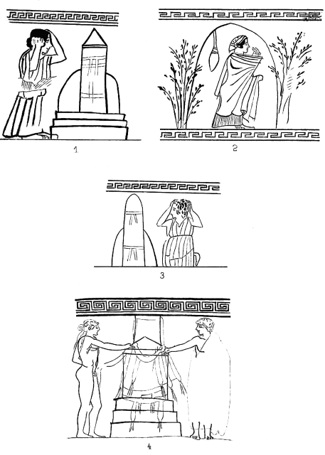 Various tumuli or τύμβος with stelæ from Benndorf's "Griechische und Sicilische Vasenbilder."