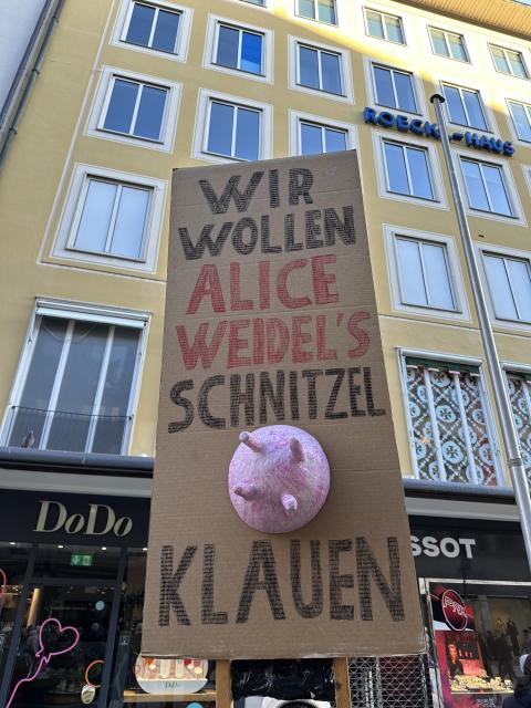 Ein Protestschild in deutscher Sprache vor einem Gebäude mit der Aufschrift "Wir wollen Alice Weidel's Schnitzel klauen" und einer daran befestigten dreidimensionalen rosa Schweineeuter