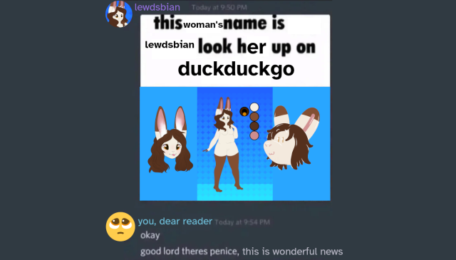 a heavily edited meme. the meme shows a fictional discord conversation between "lewdsbian" and "you, dear reader".

lewdsbian posts an image. it is a meme, reading: "this woman's name is lewdsbian look her up on duckduckgo". it includes three pictures of my fursona.

below this, the user "you, dear reader" responds:
okay

and then:
good lord there's penis, this is wonderful news

editor's note: "penis" is misspelled as "penice", like "venice" but with a p.