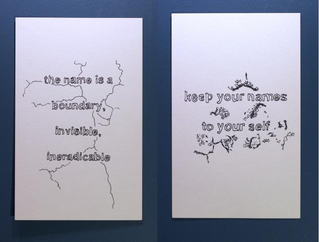 Two pen drawings of crustose lichen with text hand-drawn on yhem. The left is minimal and says 'the name is a boundary, invisible, ineradicable'. The right is more complex and reads 'keep your names to your self'.