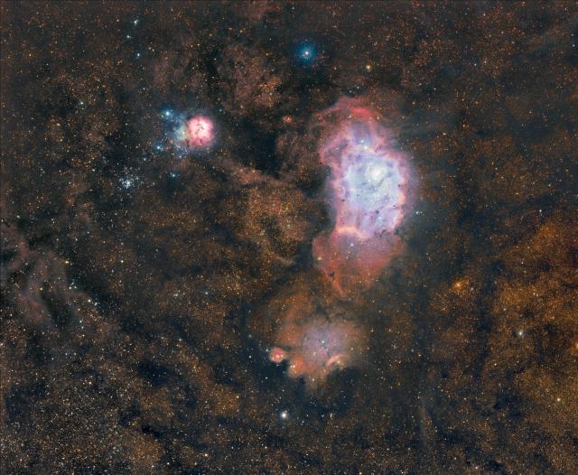 M8 Lagoon Nebula - M20 Trifid Nebula.

Allanalaoui, CC BY-SA 4.0, via Wikimedia Commons.