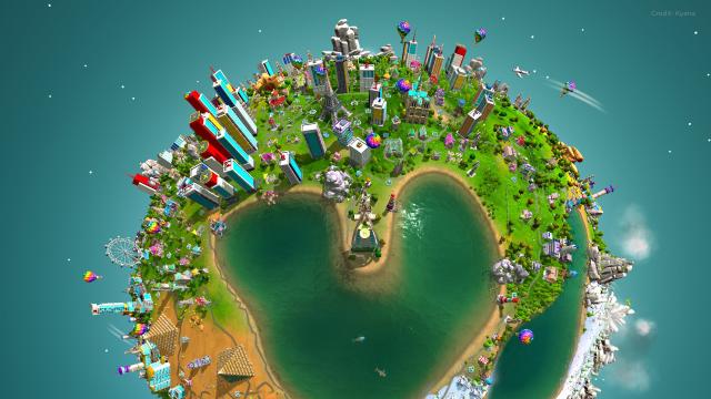 The Universim screenshot showing a built-up planet with skyscrapers