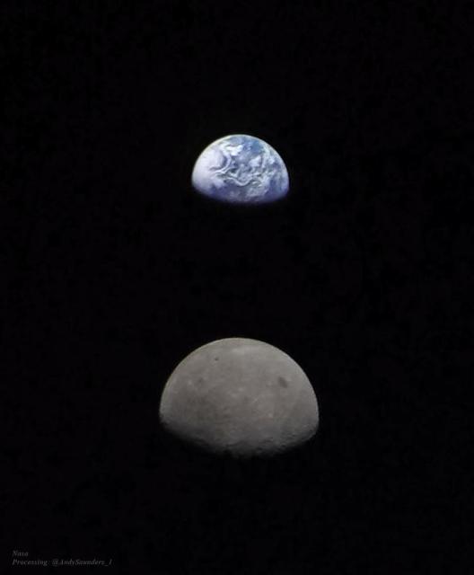 The Moon and the Earth are pictured before a black background. The Moon appears brown and slightly larger due to its closer proximity to the Artemis 1 camera. The Earth is seen as a cloudy blue orb above the Moon.