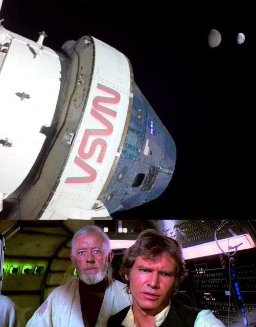 Top: Artemis mission photo with the NASA logo on the nose of spacecraft, and a view of The Moon, with Earth visible in the background. 
Bottom: Obi Wan Kenobi and Han Solo aren’t so sure it’s a moon. 