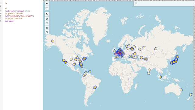 overpass turbo query for ice cream vending machines listed in OSM. the biggest concentration is in Germany, with the second largest prominent concentration in Japan.
