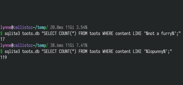 searching my personal toot database (shut up) for "not a furry": 19 results
searching for "lopunny": 119 results