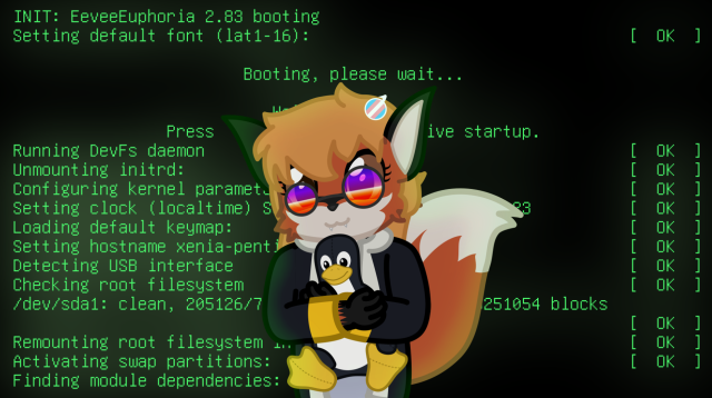 xenia the fox is holding a plushie of tux the penguin, looking down at it. she is in front of a background showing an old version of linux booting, with the green glow of the text subtly being casted onto her.