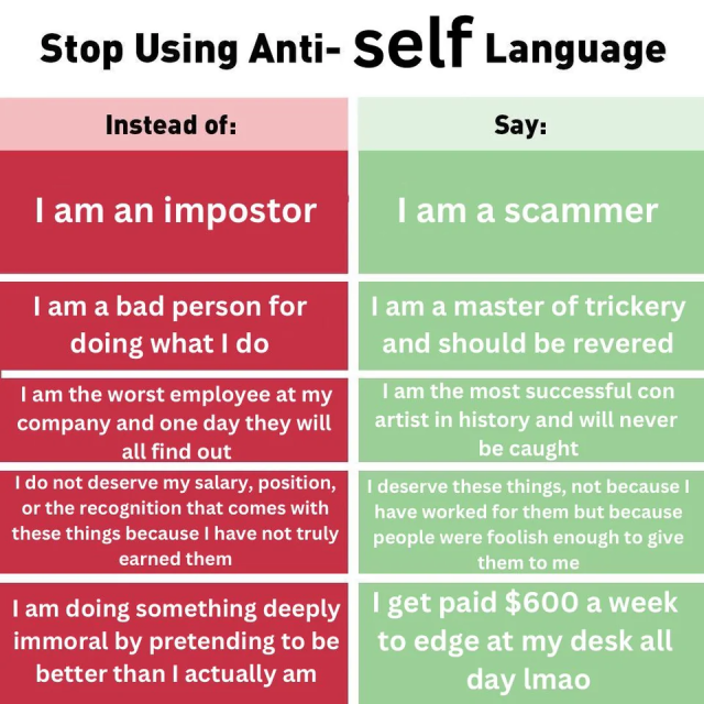Stop Using Anti- Self Language

Instead of “I am an impostor”, say “l am a scammer”

Instead of “I am a bad person for doing what I do”, say “I am a master of trickery and should be revered”

Instead of “I am the worst employee at my company and one day they will all find out”, say “I am the most successful con artist in history and will never be caught”

Instead of “I do not deserve my salary, position, or the recognition that comes with these things because I have not truly earned them”, say “I deserve these things, not because I have worked for them but because people were foolish enough to give them to me”

Instead of “I am doing something deeply immoral by pretending to be better than I actually am”, say “I get paid $600 a week to edge at my desk all day lmao”