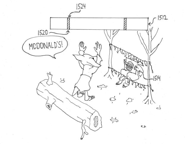 a sloppy line drawing: a goblin in a dhoti is standing up from the log where he was sitting, with his arms raised, and shouting "McDonald's!" In front of him a little festooned proscenium has been set up between two saplings, and another goblin is sitting behind the proscenium and holding up a card with a diagram of a hamburger on it. On top of the image is a rectangle with some stripes, and various parts of the image are labeled with code numbers such as 1520 and 1524. It's a parody of the internet-famous Sony patent in which they propose that people be forced to shout out brand names in order to end TV commercials.