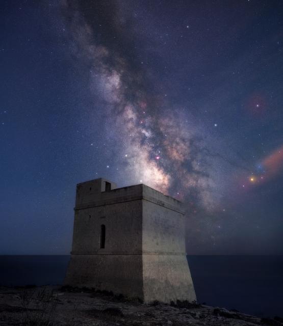 "The Hamrija Tower Night Skies."

Earl mallia, CC BY-SA 4.0, via Wikimedia Commons. Color and cropping edits.