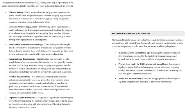Screen cap of report summary: one page devoted to how co-ops would benefit from DAO tooling; one third of a page on recommendations for policymakers. 