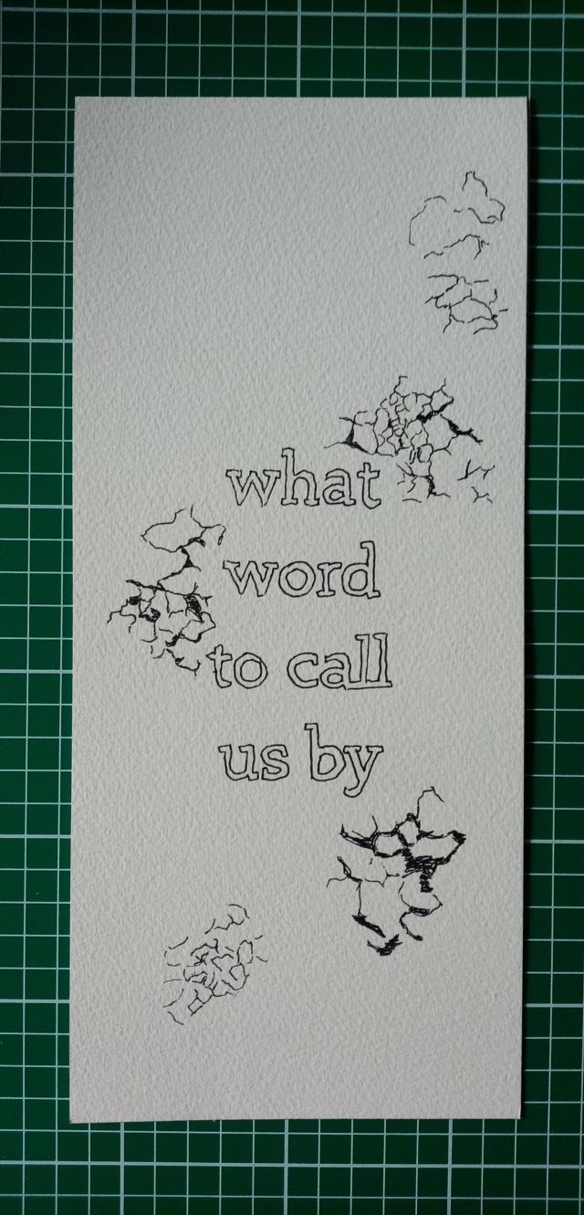 Another lichen drawing, this one saying 'what word to call us by'