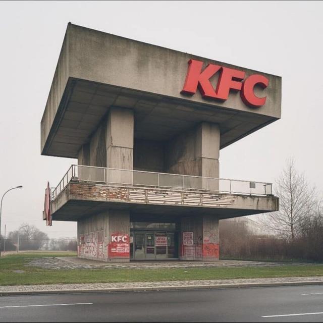 a heavy concrete building in the brutalist style housing a Kentucky Fried chicken franchise