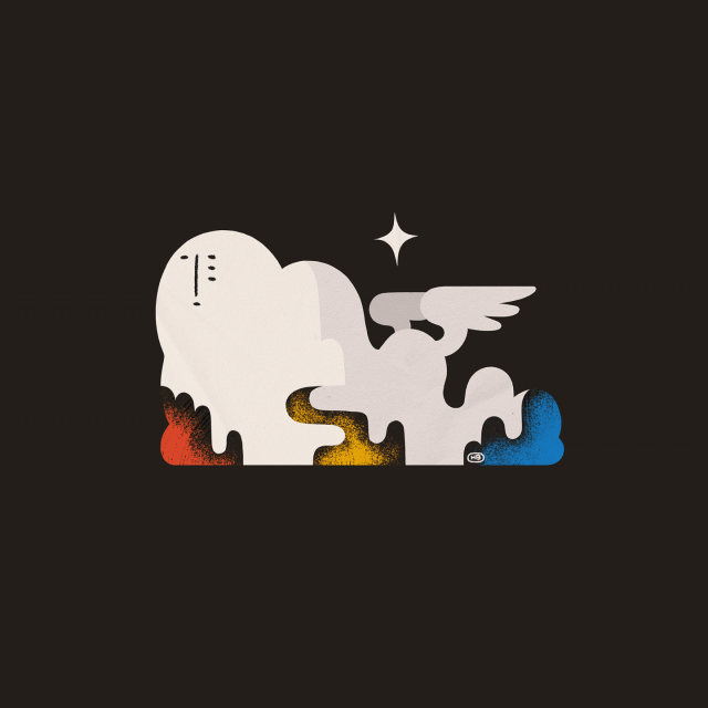 A cloud with a face and wings floats alone. Cutouts of red, yellow, and blue punctuate their form.