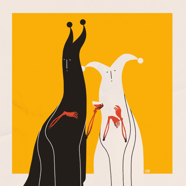 Two robed, jester-like figures, one white and one black, gather and whisper over a drink.