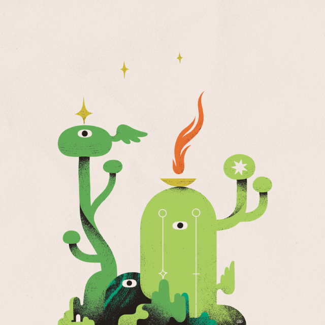 Several green, organic shapes resembling plants sprout from the ground, each with an eye looking at the viewer. One has a lit offering bowl on top of them, and sigils within.