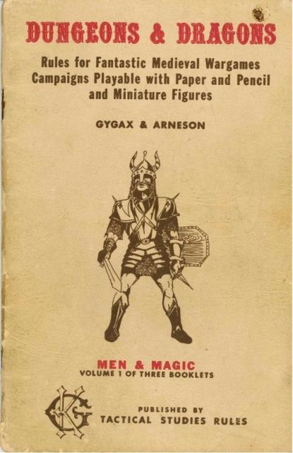 The cover of Book 1 of the original D&D rules, featuring a warrior in armour with horned helmet, sword and shield 
