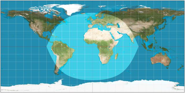 Equirectangular (plate carrée) projection of the world with a highlighted area, which is symmetrical around the equator and around the prime meridian, and looks a bit like a walnut. The area spans exactly half of the equator, then gets narrower towards the higher latitudes at increasing speed, until it ends at 66.5° latitude. The area includes the entirety of Africa, most of Europe up to about the midpoint of Iceland and Scandinavia, the southwestern parts of Asia up to about the midpoint of India, most of South America up to about the midpoint of Argentina and Chile, and the island of Newfoundland.

Original picture is CC BY-SA 3.0 by strebe, acquired from https://en.wikipedia.org/wiki/File:Equirectangular_projection_SW.jpg.