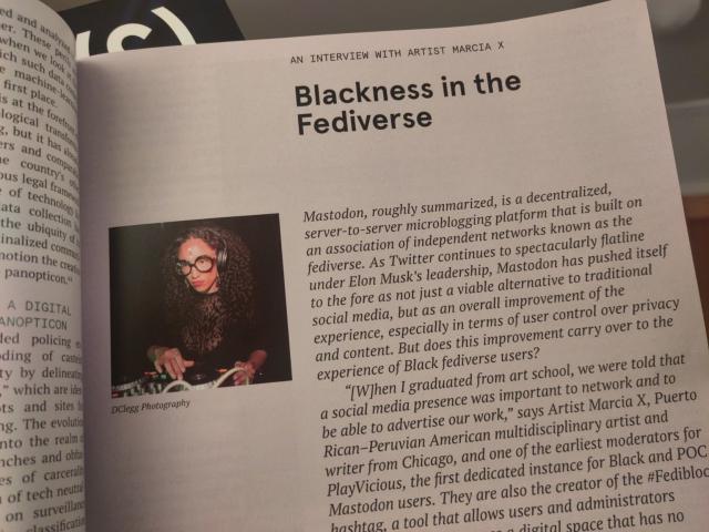 Photographed magazine page with the headline "Blackness in the Fediverse"