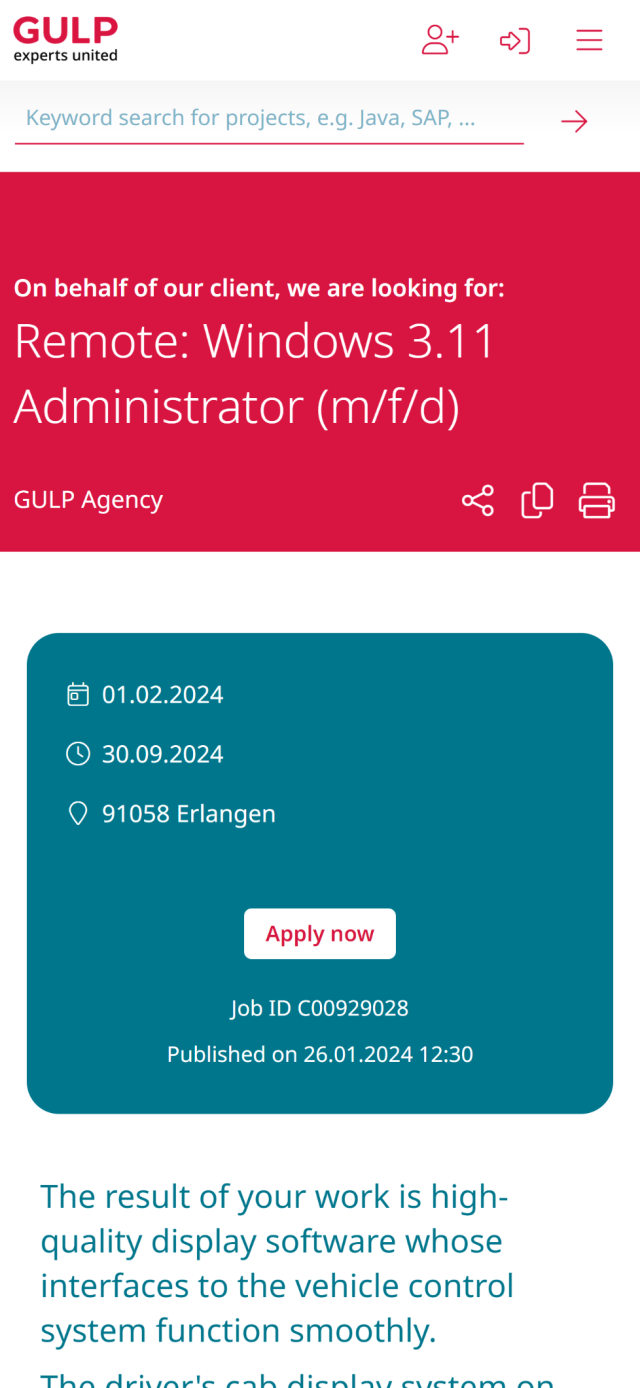 On behalf of our client, we are looking for:
Remote: Windows 3.11 Administrator (m/f/d)