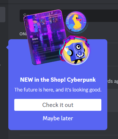 discord screenshot: "new in the shop! cyberpunk - the future is here and it's looking good"