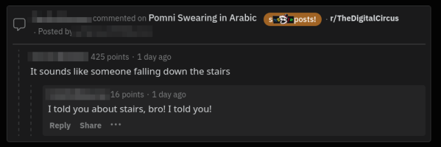 aforementioned trans lynne leaving a comment that reads "i told you about stairs, bro! i told you!"